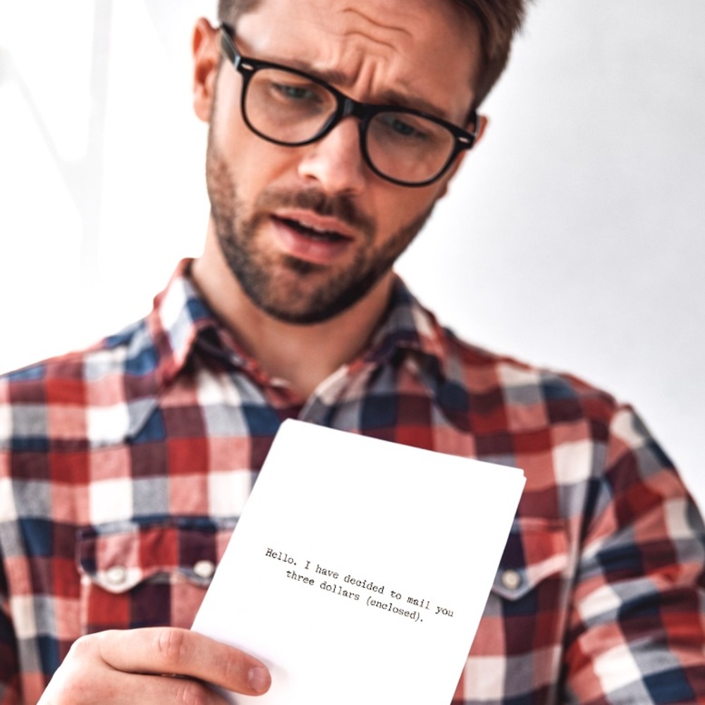 3/$10 Clickhole Funny Greeting Card Mail You Three Dollars Humor Card w Envelope